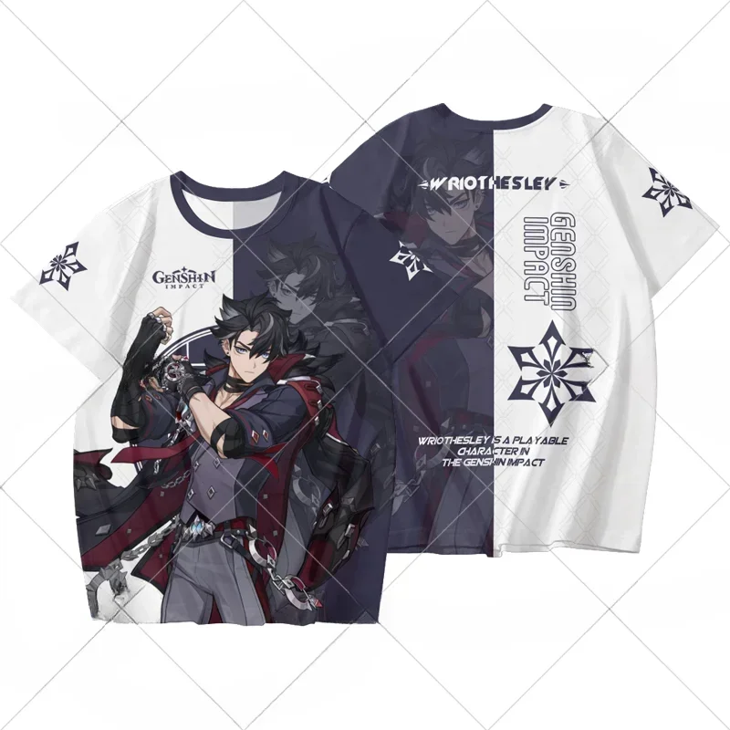 Camiseta con estampado 3D de Anime Genshin Impact para hombre y mujer, camisa divertida de manga corta con cuello redondo, camisetas gráficas, ropa de calle para Cosplay, Verano