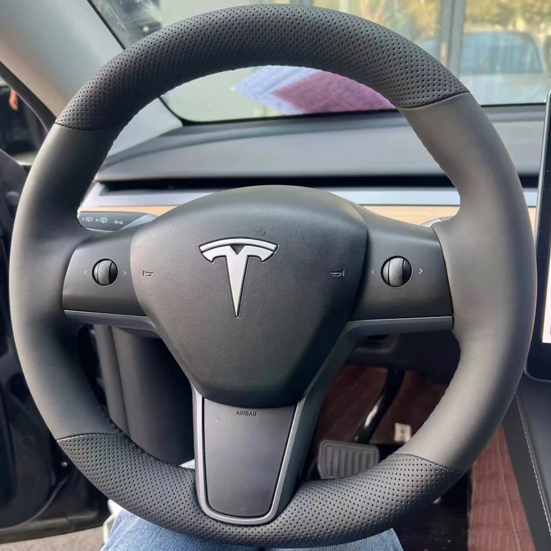 

For Tesla Model 3 Steering Wheel Cover Braid Genuine Leather Suede 24 Model Y Hand-sewn Auto Interior Accessories Steering Wrap