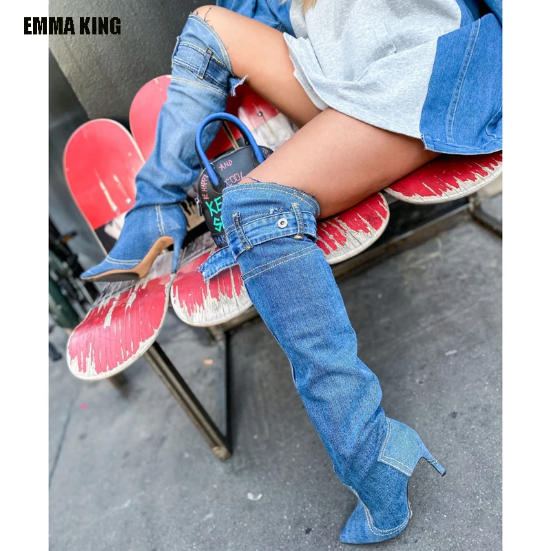 

2022 Denim Pocket Sexy Stiletto Boots Pointed Toe Over The Knee Women Runway Shoes Patchwork Winter Pocket Party Long Boots 44