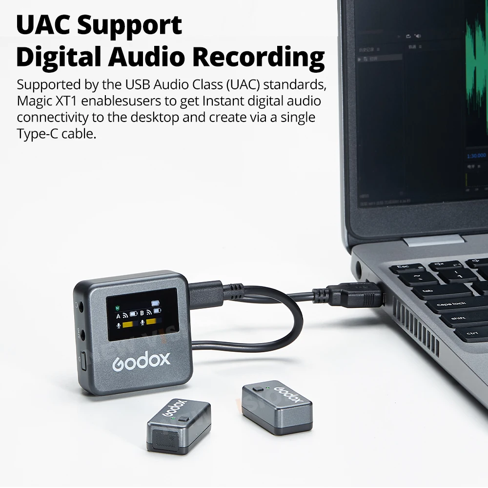 نظام ميكروفون لاسلكي Godox Magic XT1 بسرعة 2.4 جيجا هرتز كحد أقصى. معالجة الصوت الاحترافية بطول 200 متر من LOS Range Pro تدعم تسجيل الصوت الرقمي