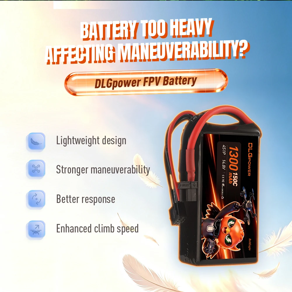 DLGpower 150C 4S 1300mAh LiPo Battery 14.8V XT60 for 2.5‑3.5 Inch Cine‑Whoop Freestyle FPV Soccer Drone Small RC Car RC Airplane