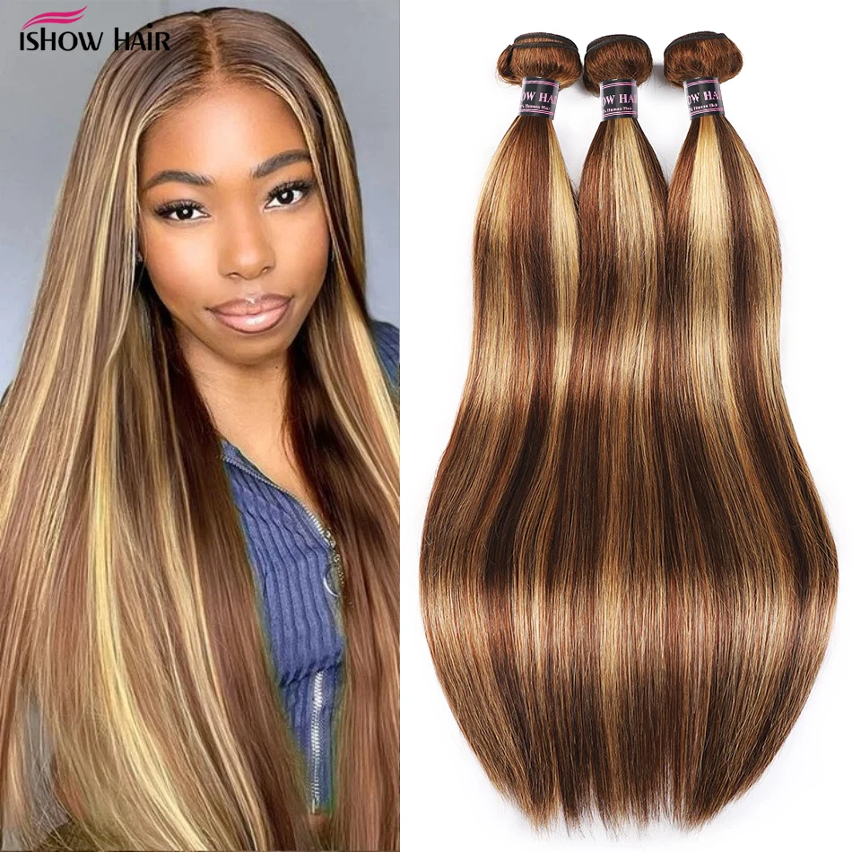 Ishow Highlight Bone Straight Bundles P4 27 Ombre Honey Blonde Human Hair Bundles Brazilian Remy Hair Weave Extensions For Women