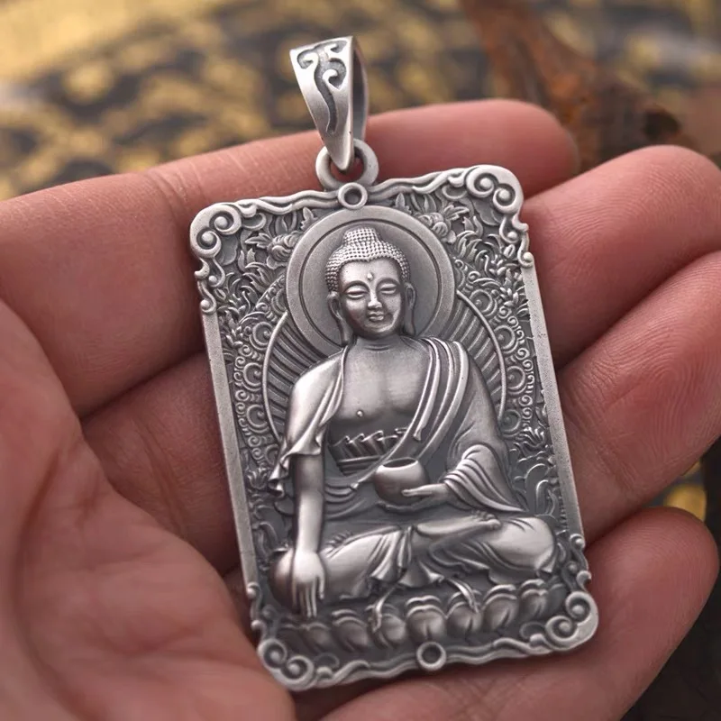 Vintage Silver Plated Buddha Necklace Men\'s Punk Style Pendant Hip Hop Accessories Personality Jewelry Gift