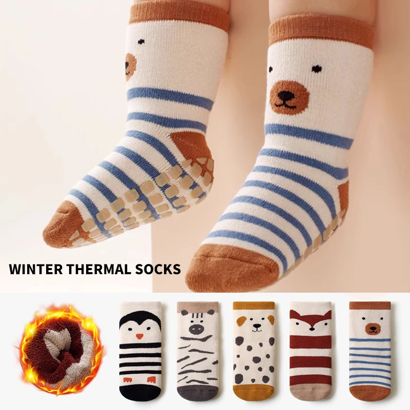 3 Pairs Baby Ankle Socks with Cute Animal Patterns - Warm Thick Soft Anti-slip Skin-friendly Comfortable for Autumn Winter