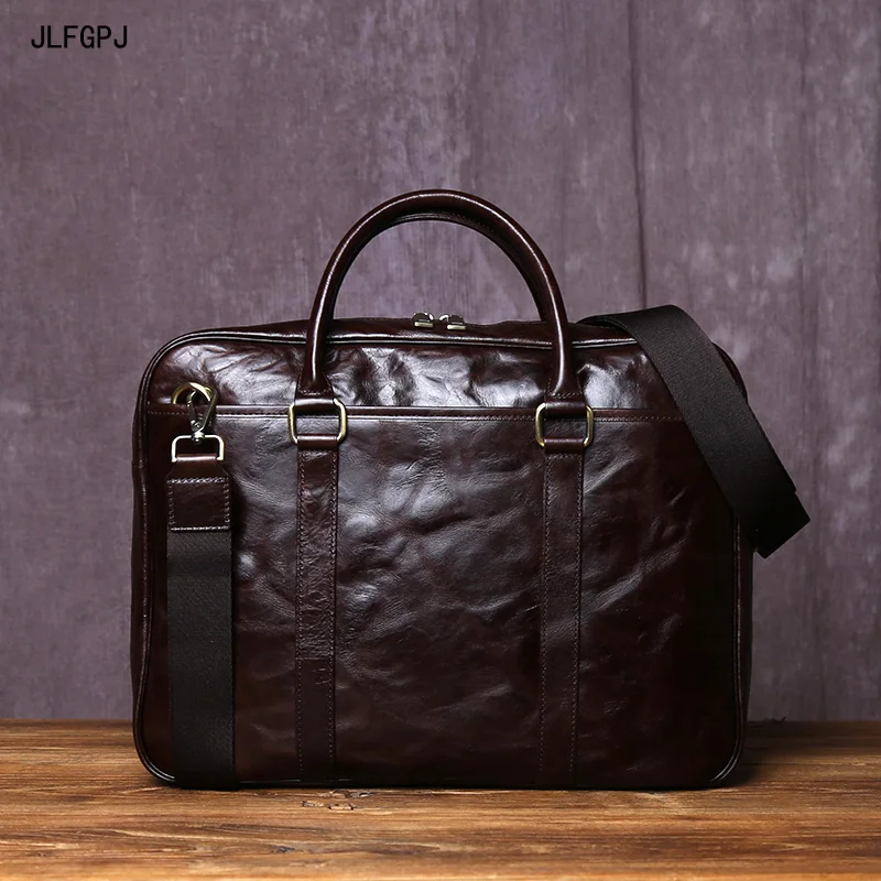 JLFGPJ Tree Cream Top Layer Cowhide Large Capacity Handbag Men's Genuine Leather Business Fashion Crossbody Briefcase