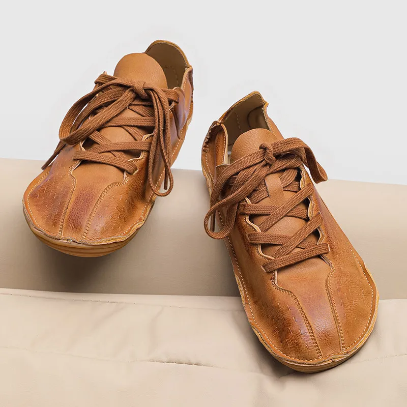 

Повседневная обувь Birkuir в стиле ретро из натуральной кожи для мужчин и женщин, роскошная обувь на плоской подошве с круглым носком и шнуровкой, обувь на мягкой подошве, размеры 44, 45, 46