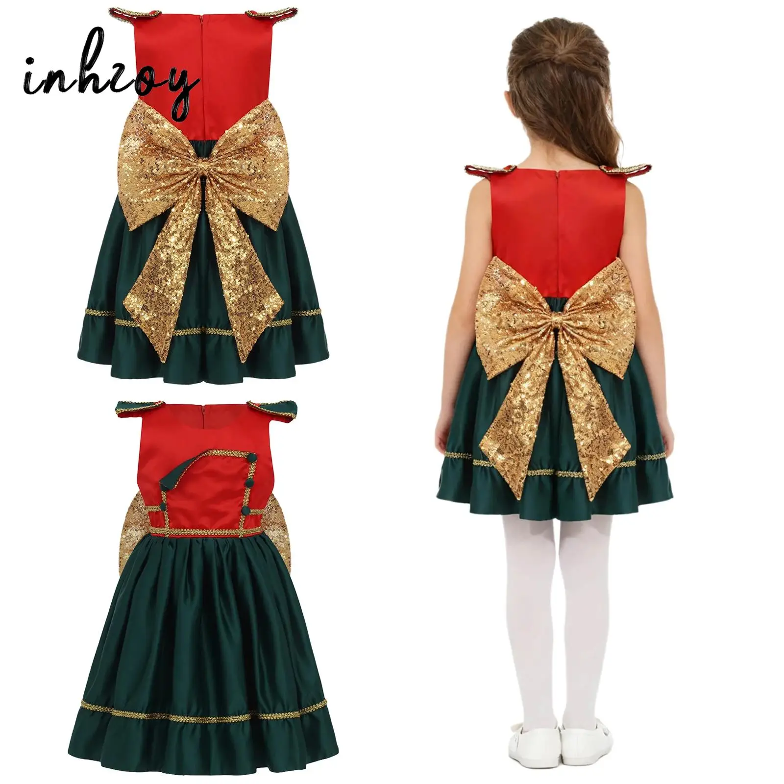 Kinder Mädchen Pailletten Weihnachten Weihnachtskleid Weihnachtsmann Neujahr Festival Kleidung Elegantes Rüschenkleid mit goldenem geflochtenem Band