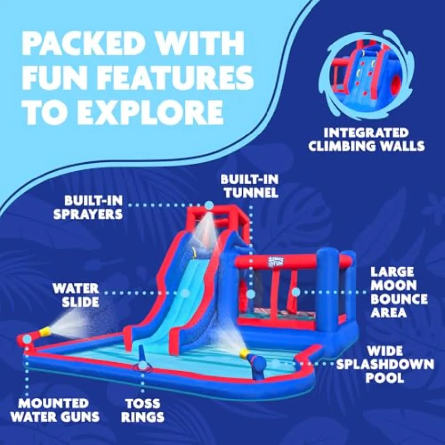 Outdoor 2-in-1 bounce blast inflatable water slide park: heavy-duty PVC, blue/red, includes climbing wall, slide, bouncer, tunn