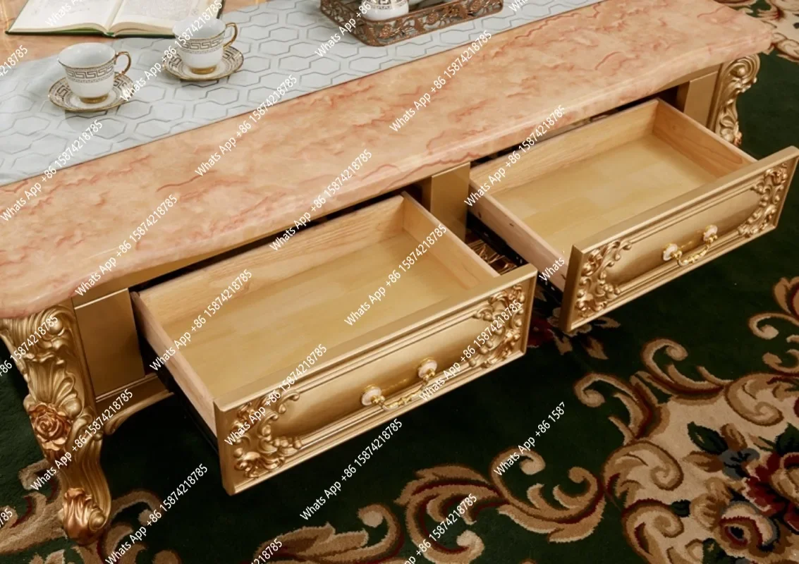 

S European High-end Marble Coffee Table Pure Solid Wood Villa Size Oak Coffee Table