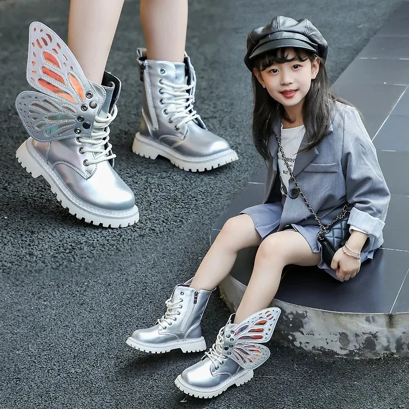 

Spring Autumn Girls Fashion Laser Butterfly Wings Fashion Colorful Booties Children Lacquered Booties Girl Silver Princess Boots