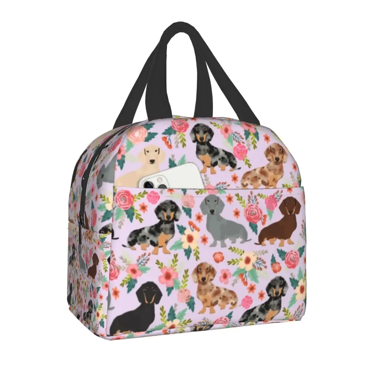 

Dachshund Flowers Insulated Lunch Bag Picnic Travel Wiener Sausage Dog Portable Thermal Cooler Bento Box Kids School Lunch Bags