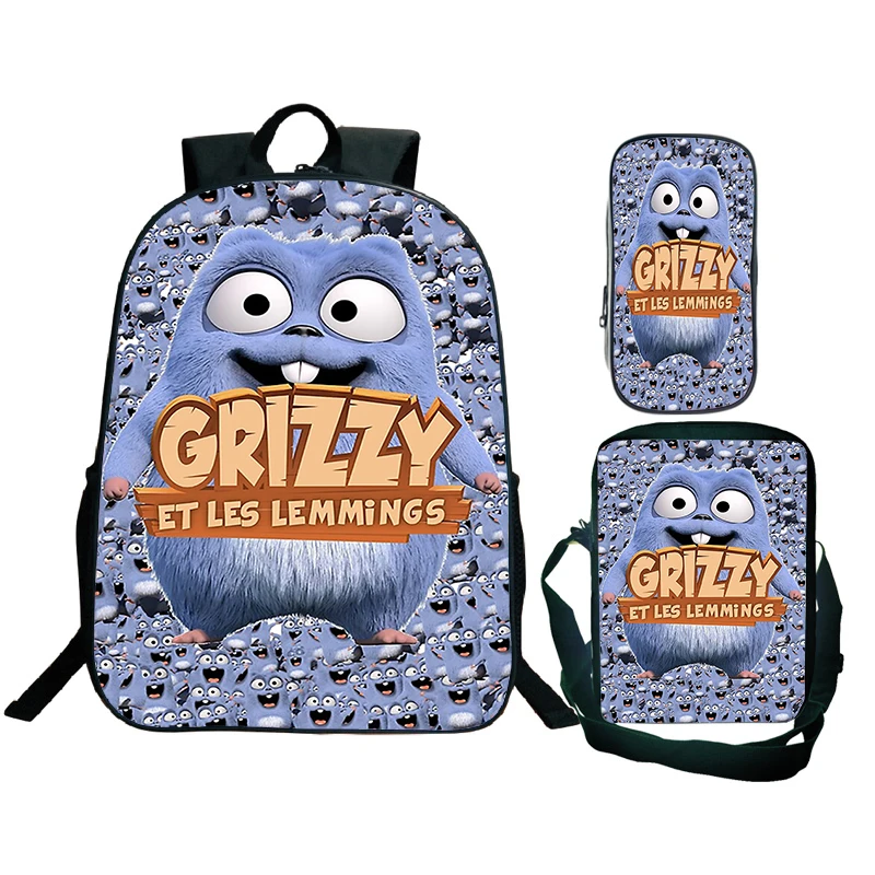 3 Stuks Set Grizzy En De Lemmings Print Rugzak Schoudertas Etui Jongens Meisjes Boekentas Nylon Kinderen Rugzak Reistas