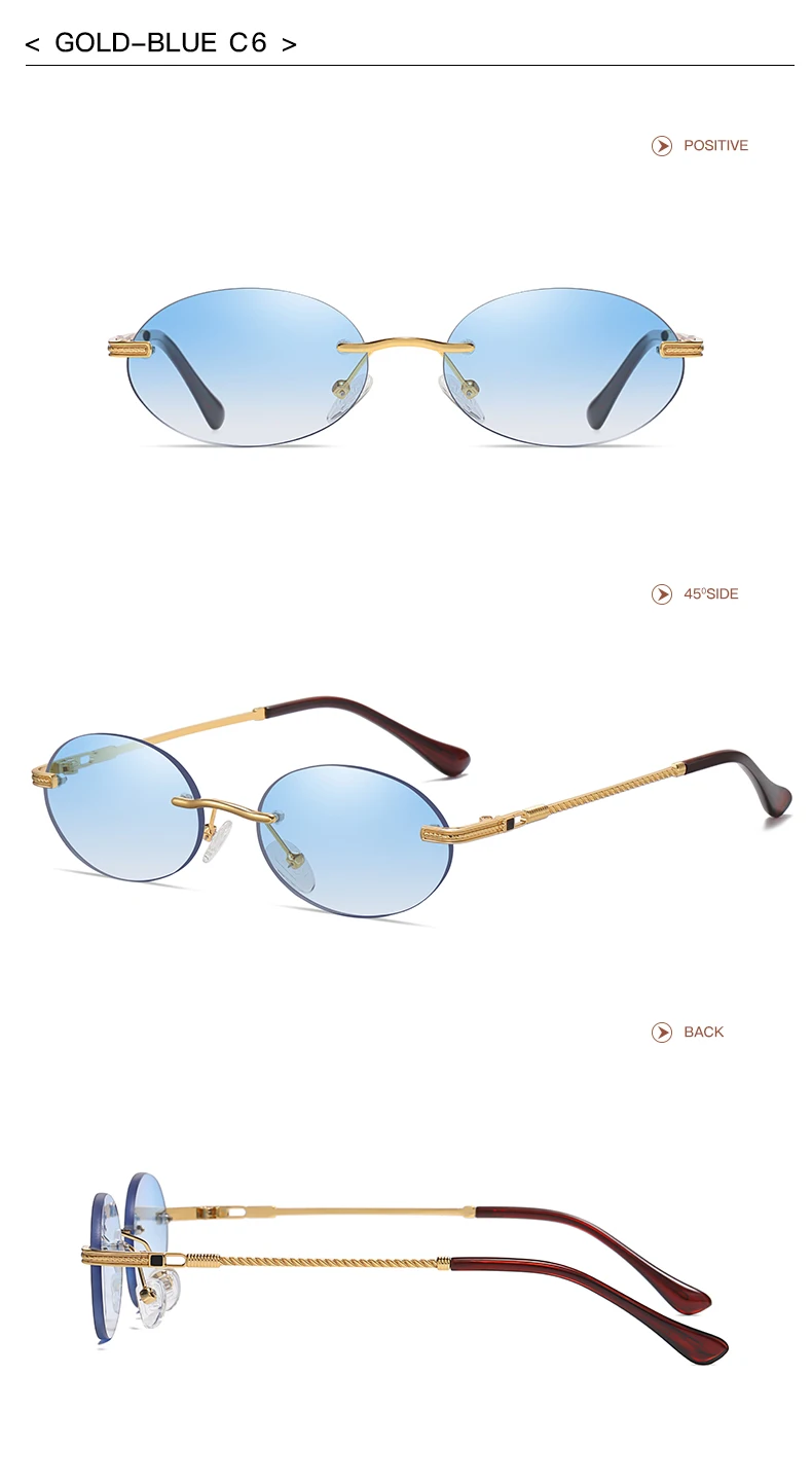 Retro Ovale Sonnenbrille Randlos Herren Blau Verspiegelt Gold Metall Herrenbrille Rund Rahmenlos Damen UV400 – Detail 17