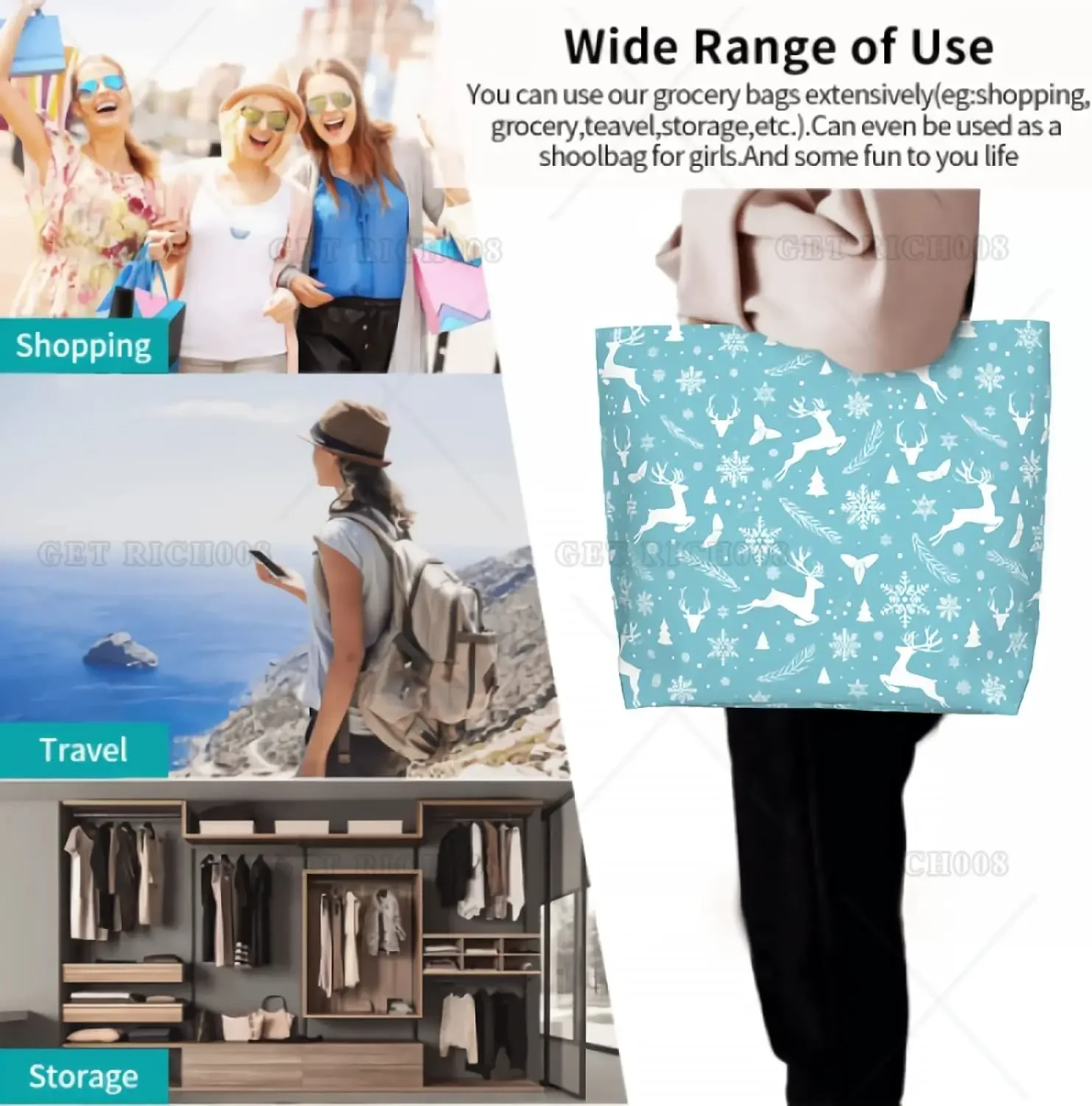 Winter Deer Blue Shoulder Bag Large Reusable Eco Shopping Bags Portable Storage Handbag Supermarket Bag Tote Bags for Women