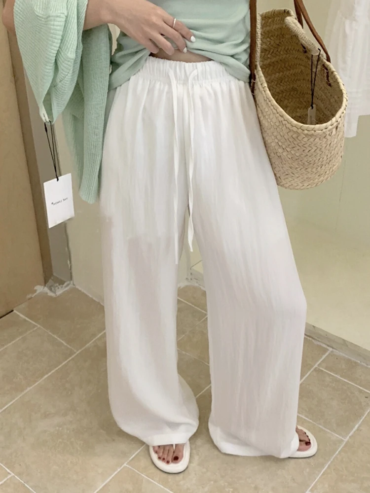Summer 2025 Wide Leg Pants Elastic Waist Dstring Casual Lazy Sle Versatile Slimming Loose Fit High Waist Knitted Polyester