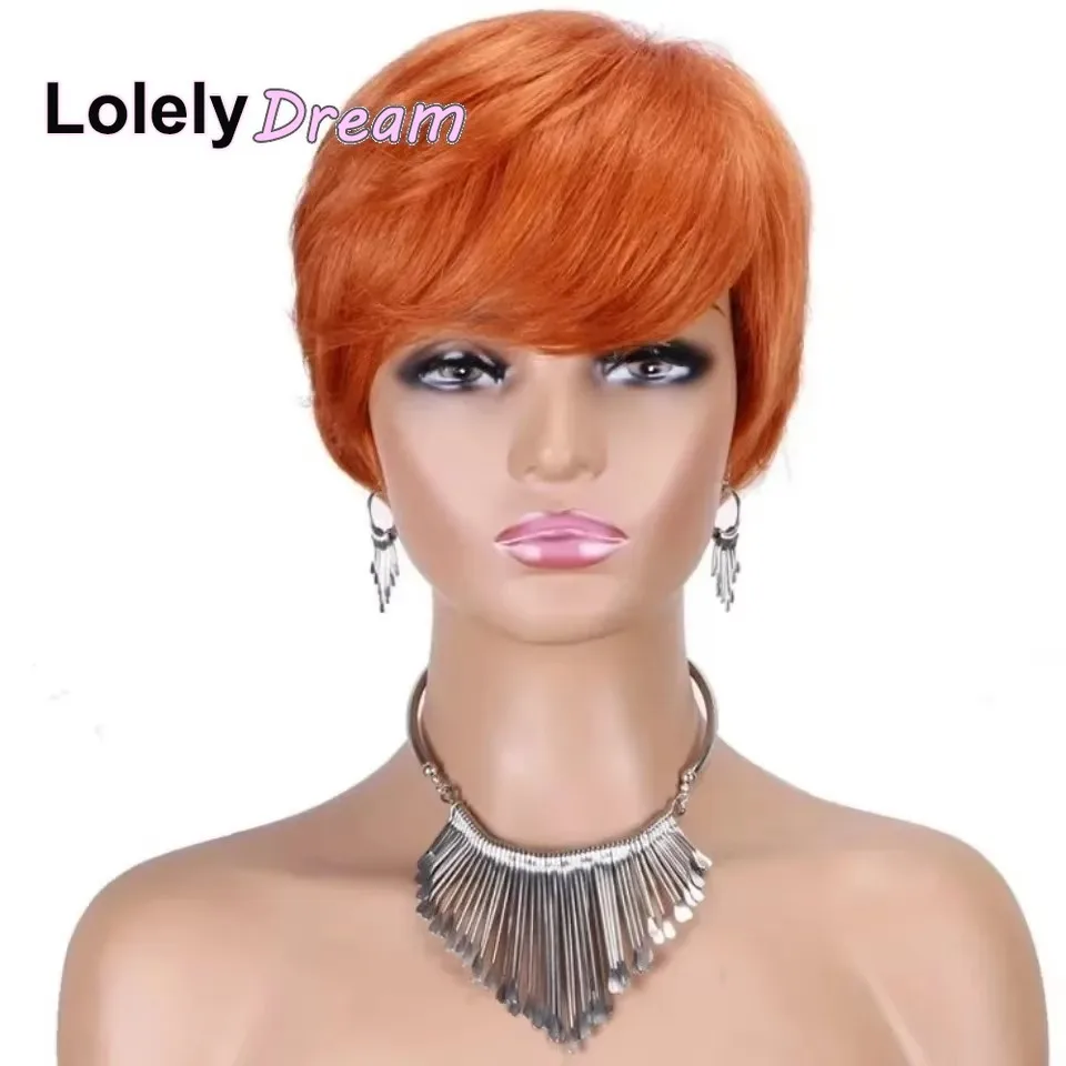 Lolely Dream Machine Made Women Short Orange Ginger 100%  Human Hair Wig with Bangs Remy Straight Wig Layered Pixie Cut Bob Wig image 4