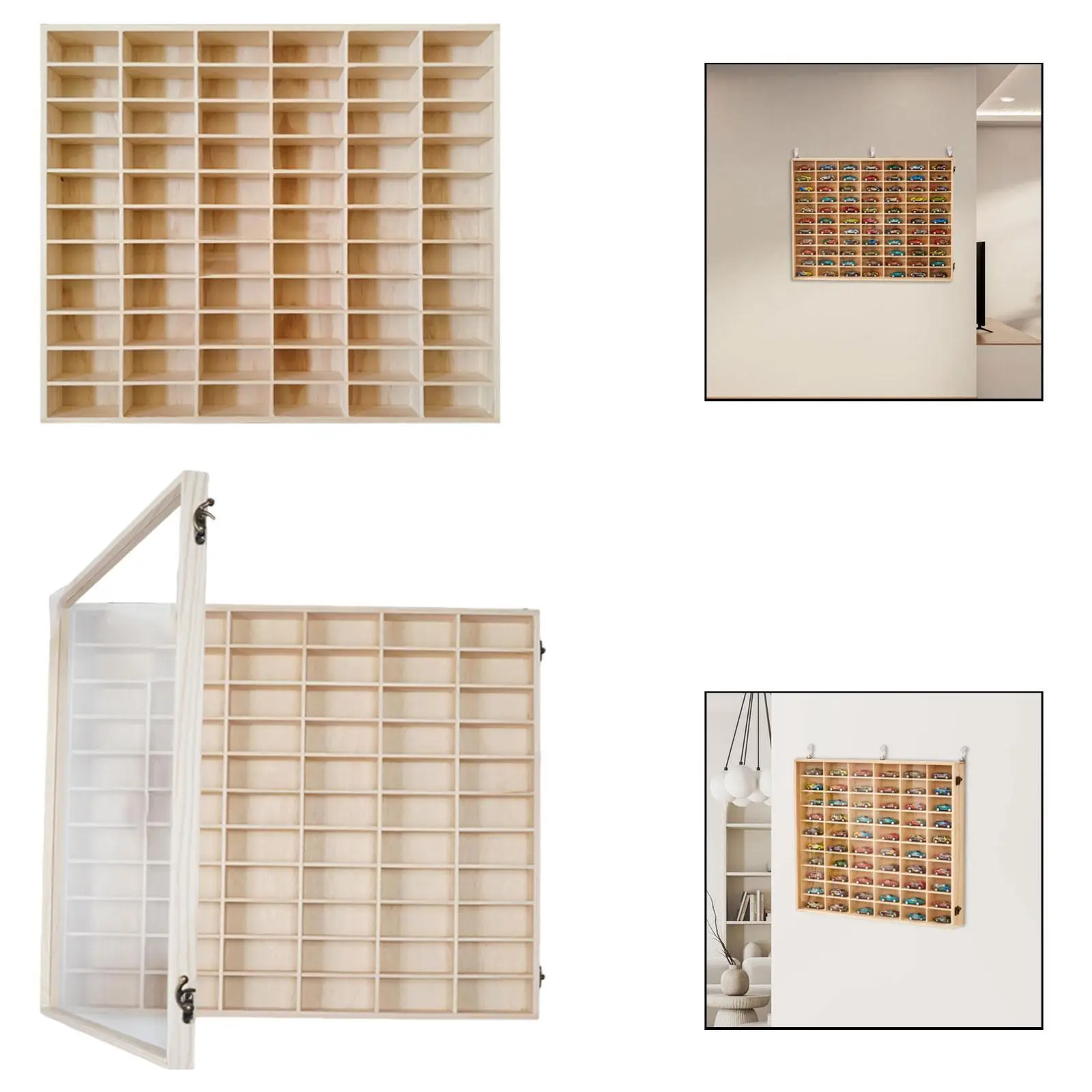 Rustic Wooden Wall Storage Shelf for Toy Cars 66 Grids Display Case for Small Collectibles