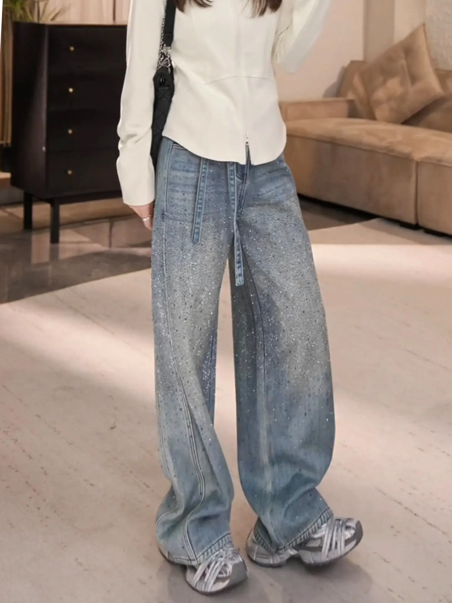 

High Waist Drapey Fce Lined Wide Leg Jeans Women's Heavy Embroidery Winter New Sle Casual Straight Floor Length Pants