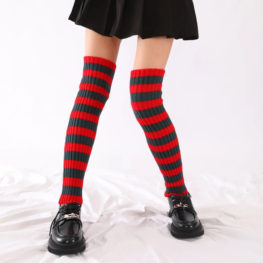 50CM Womens Striped Y2K Knee High Socks Long Knitted Winter Leg Warmers Halloween Costume