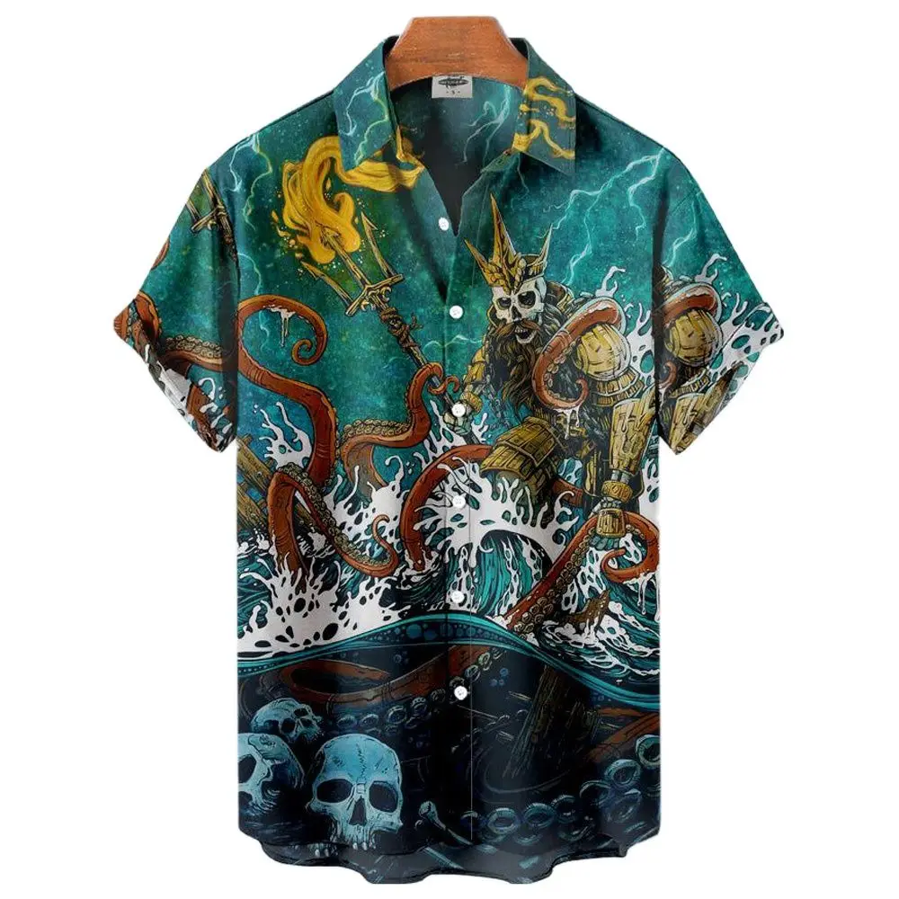 Shirts For Men Beauty Skull Pattern Short Sleeve Shirts Fashion Street Hip Hop Style Oversized Tees Cardigan Tops Free Shipping