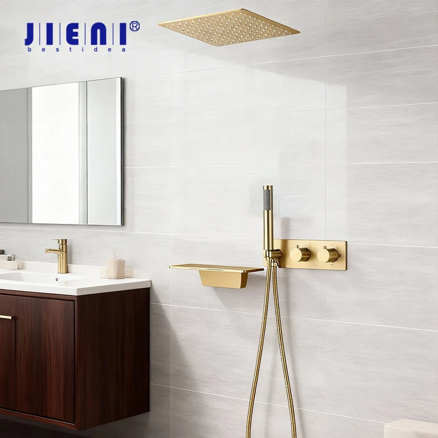 

JIENI Brushed Gold Shower Set Constant Temperature Ceiling Rainfall Faucet Shower System 2-3 Function High-end Bathing Device