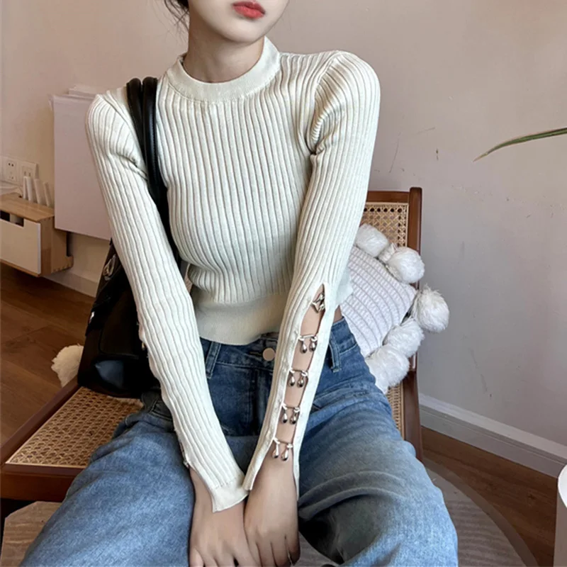 Long Sleeve Sweater for 2024 Autumn Women's Tight Sexy Short Knitted Pullover Cuffs Cutout Solid Color Long Sleeves Sweaters