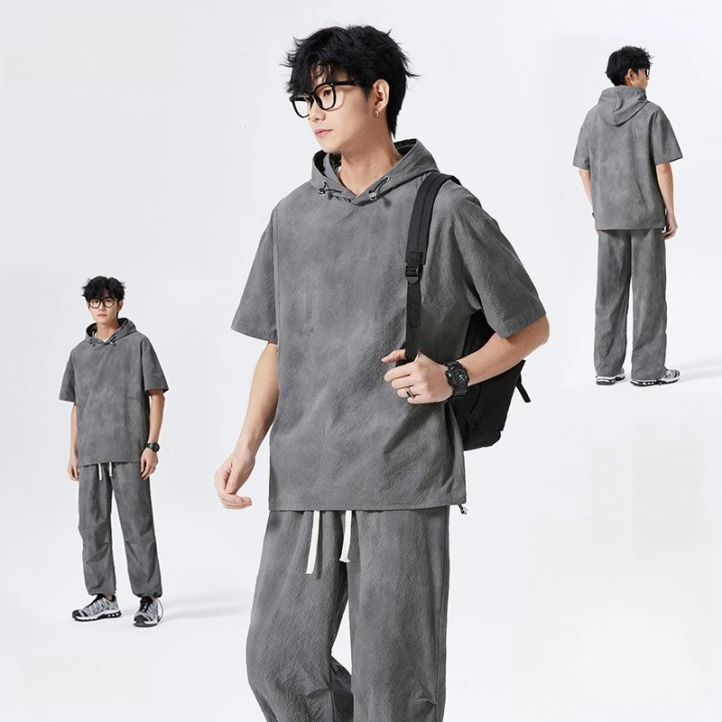 Men Women Quick Dry Hooded Sports Suit Loose Fit Short Sleeve Long Pants Set Summer Streetwear Casual Athletic Outfit