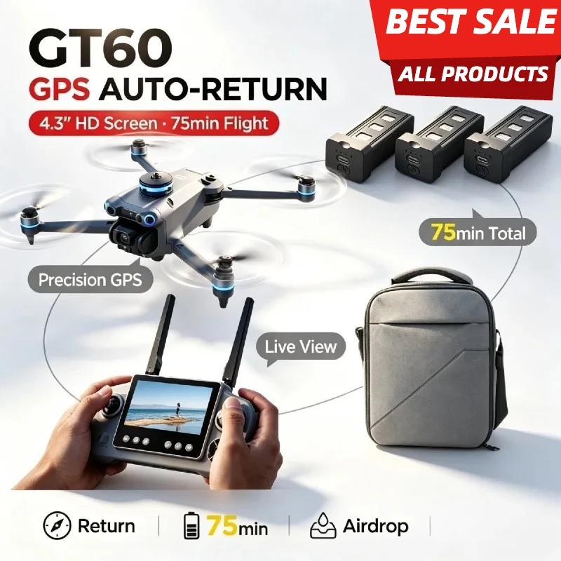 Best Deal GT60 GPS Foldable RC Quadcopter 4 3 Inch Screen 4K HD Brushless Airdrop 5G FPV Dual Camera Drone One Key Return Stable