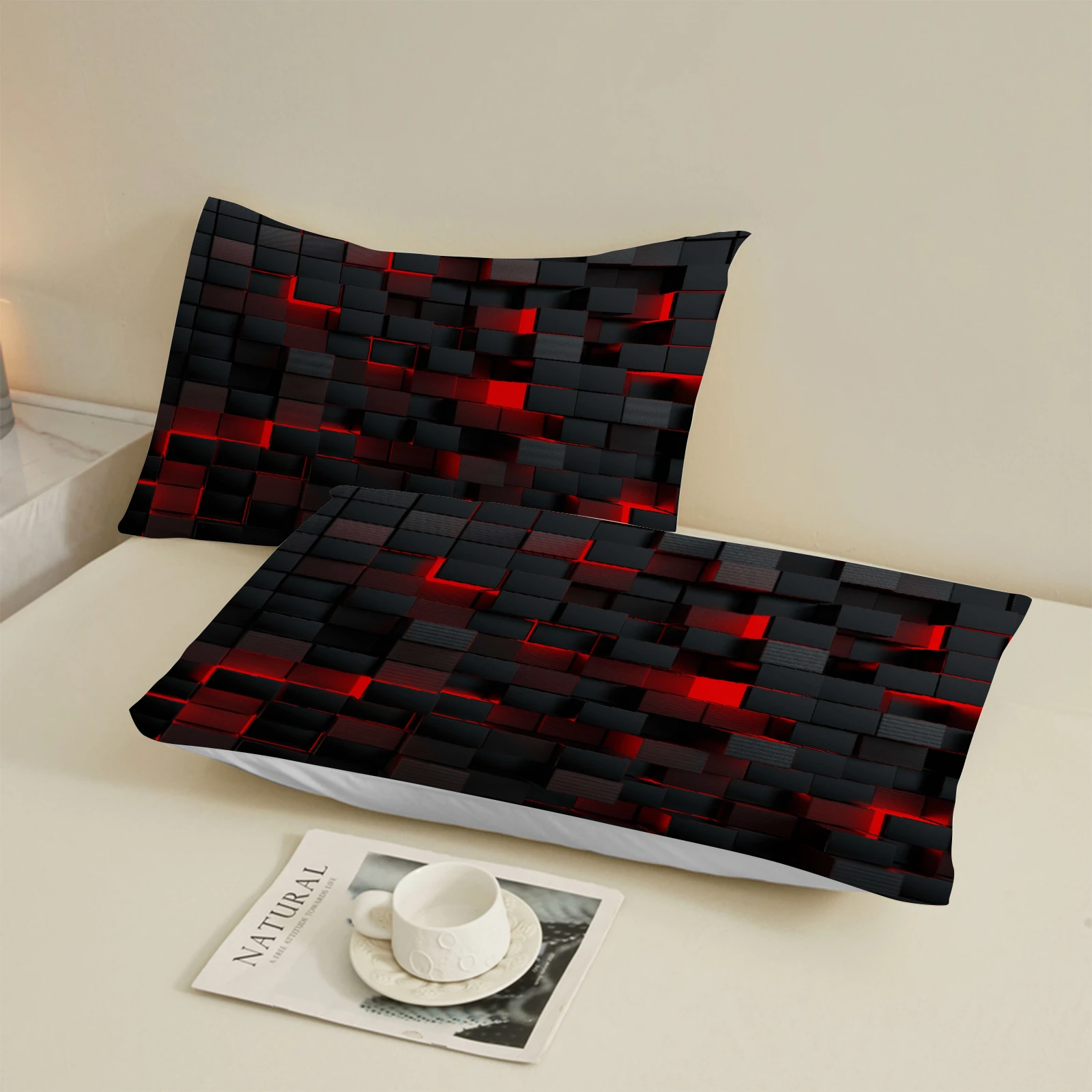 1 Stück 3D Rot-Schwarzes Pixel-Gitter Spannbettlaken Modern Tech-Inspirierte Bettwäsche Weicher Atmungsaktiver Mikrofaser-Matratzenbezug für Schlafzimmer – Detail 10