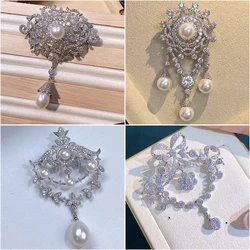 High-grade Female Broche Exquisite Palace Tassels Pearl Brooches Luxury Zircon Flower Dress Coat Accessories Winter New Pins