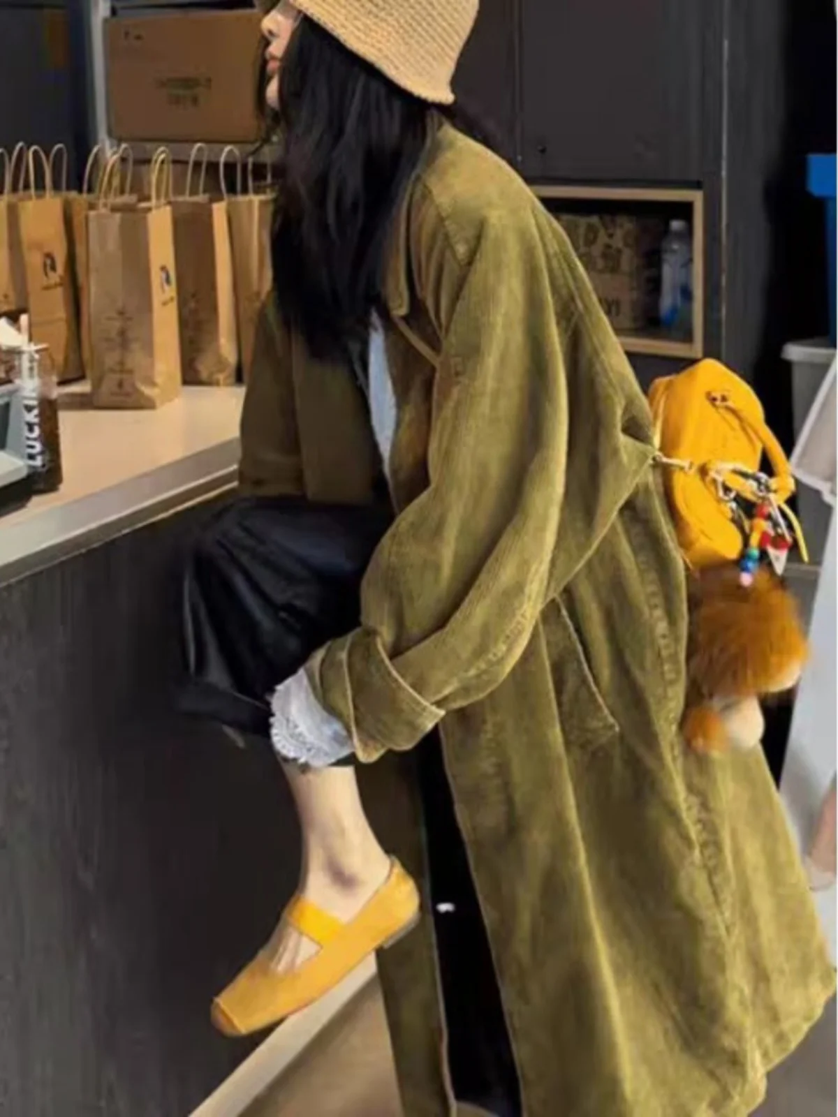 

Artistic Pure Color Corduroy Midi Length Jaet Large Size Women's Faion Casual All-Match Outerwear Autumn Long Sve Sing...