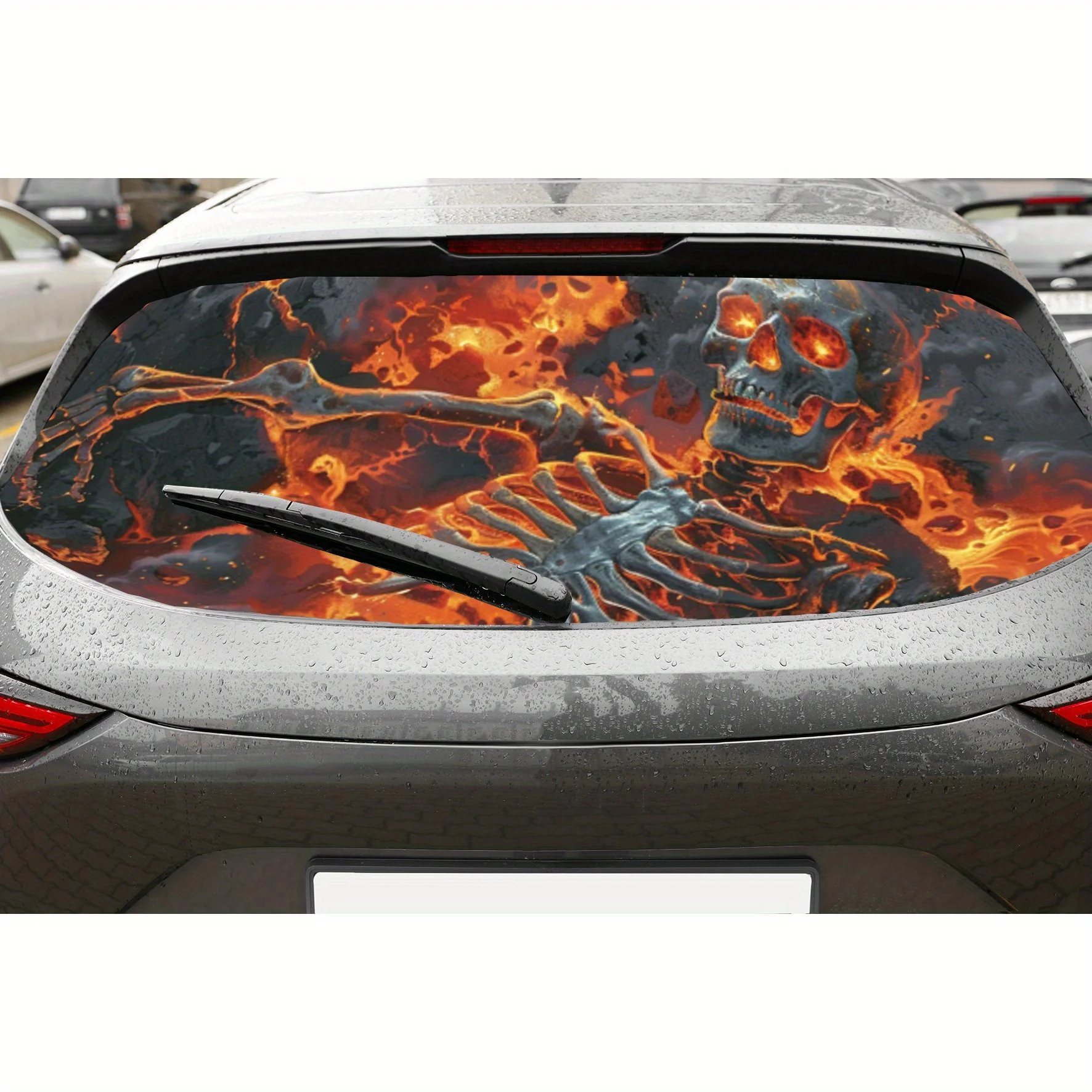 

Fiery Skull Skeleton Print Car Rear Windshield Sticker Truck Window See Through Perforated Back Window Vinyl Wrap Decal Self Adh