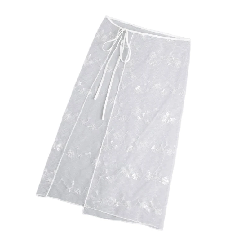 Womens Aesthetic Sequins Flower Layering Half Wrap Skirt Tie Up See Through Hip Covering Long Apron Skirt Overskirt Dropship