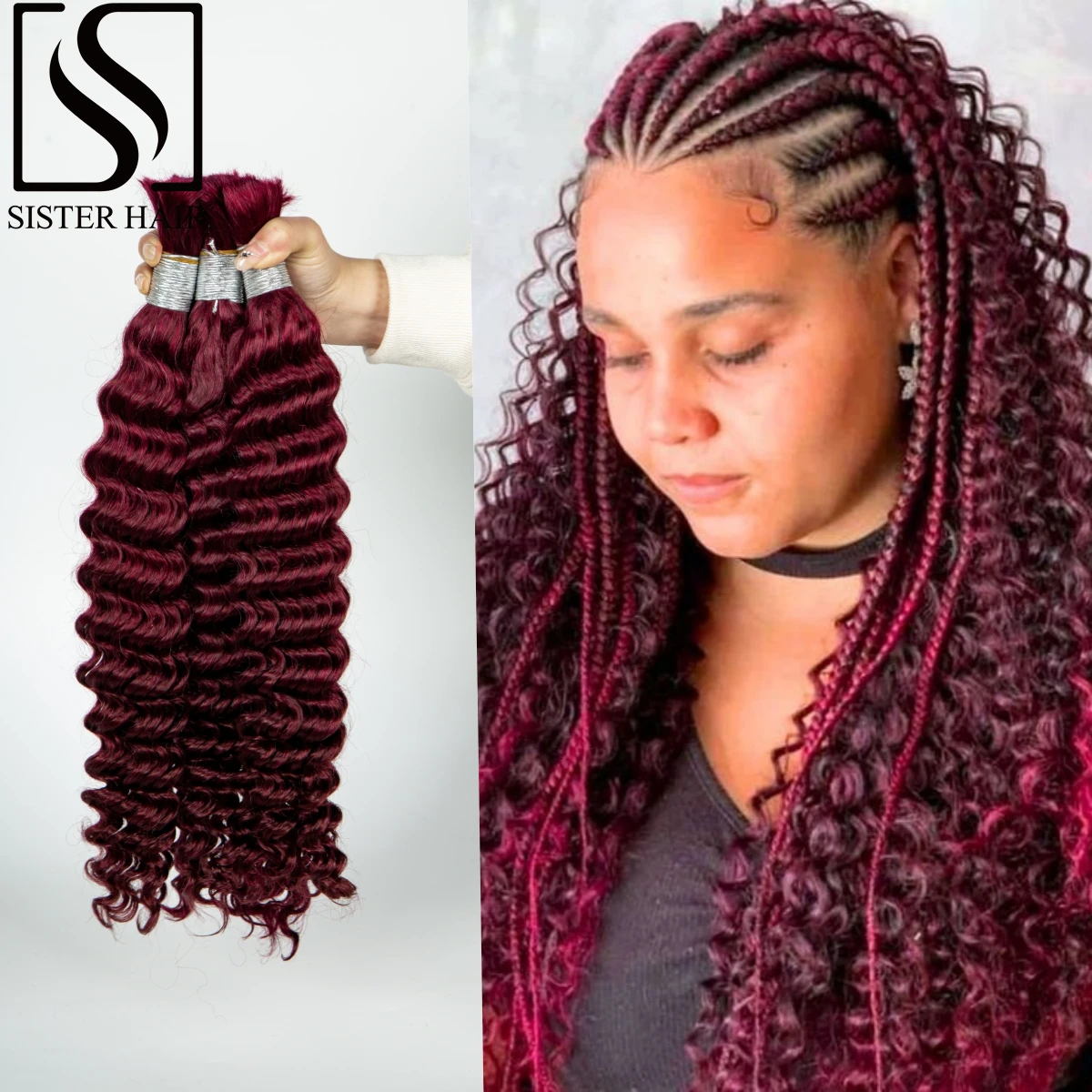 

Burgundy 26 28Inch 100% Virgin Human Hair Bulk for Boho Braiding No Weft Brazilian Remy Hair Bulk Deep Wave Curly Braided Bundle