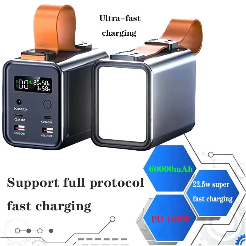 USB C PD QC DC portable power bank 60000mAh 100W quickly provides large power bank for iPhone, Samsung and Xiaomi laptops
