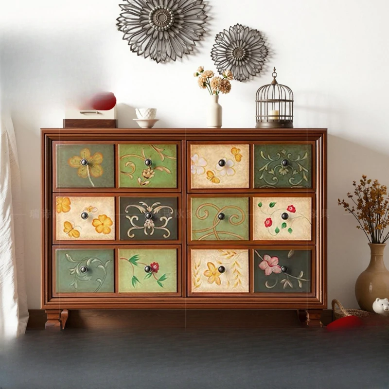 

American retro style six-chest cabinet locker household living room simple hand-painted design strong storage decoration chest