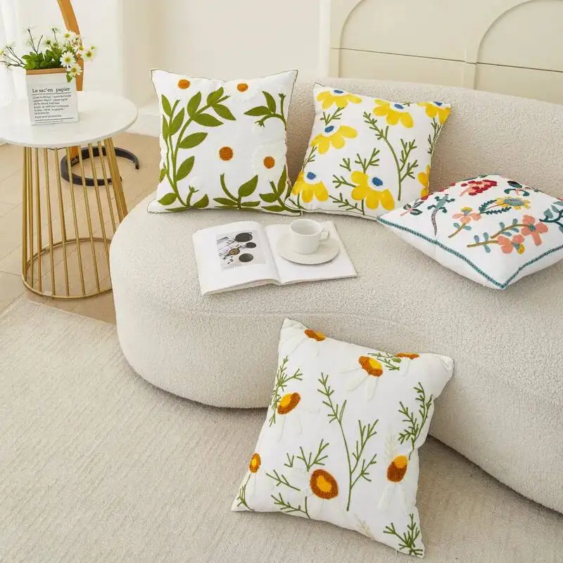 Gestickte florale dekorative Kissenbezüge mit Frühlings-Gänseblümchen-Motiv, Sommer-Pflanzen-Kissenhülle für Sofa, Bett, Stuhl, Heimdekoration – Detail 10