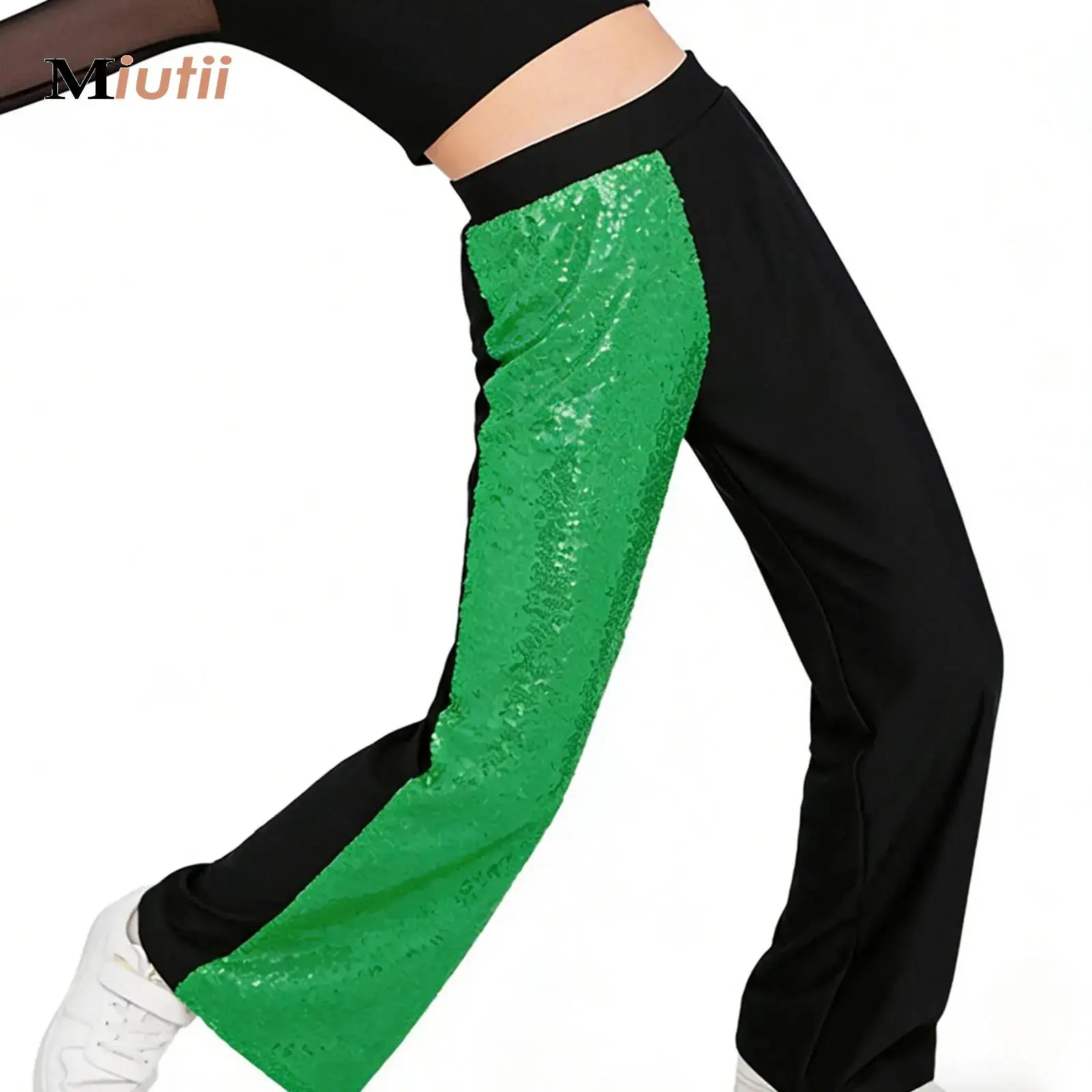 

Chinese Ethnic Dance Pants Flowing Sequins Patchwork Wide Leg Pants Classical Dance Performance Training Clothes for Kids Girls