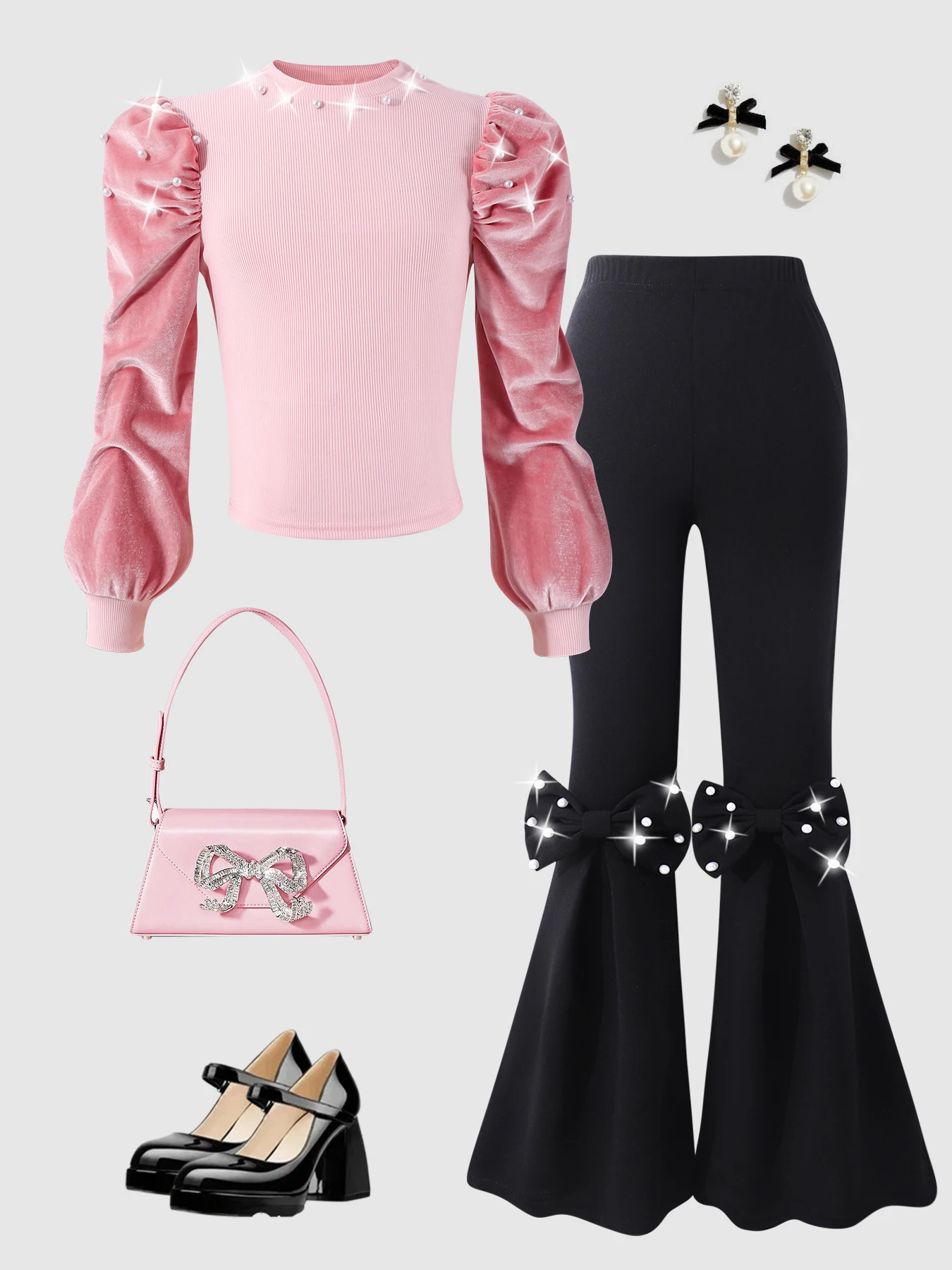 8-12-year-old girl casual set, pink round neck pearl-decorated long-sleeved top paired with black bow-knot flared pants set