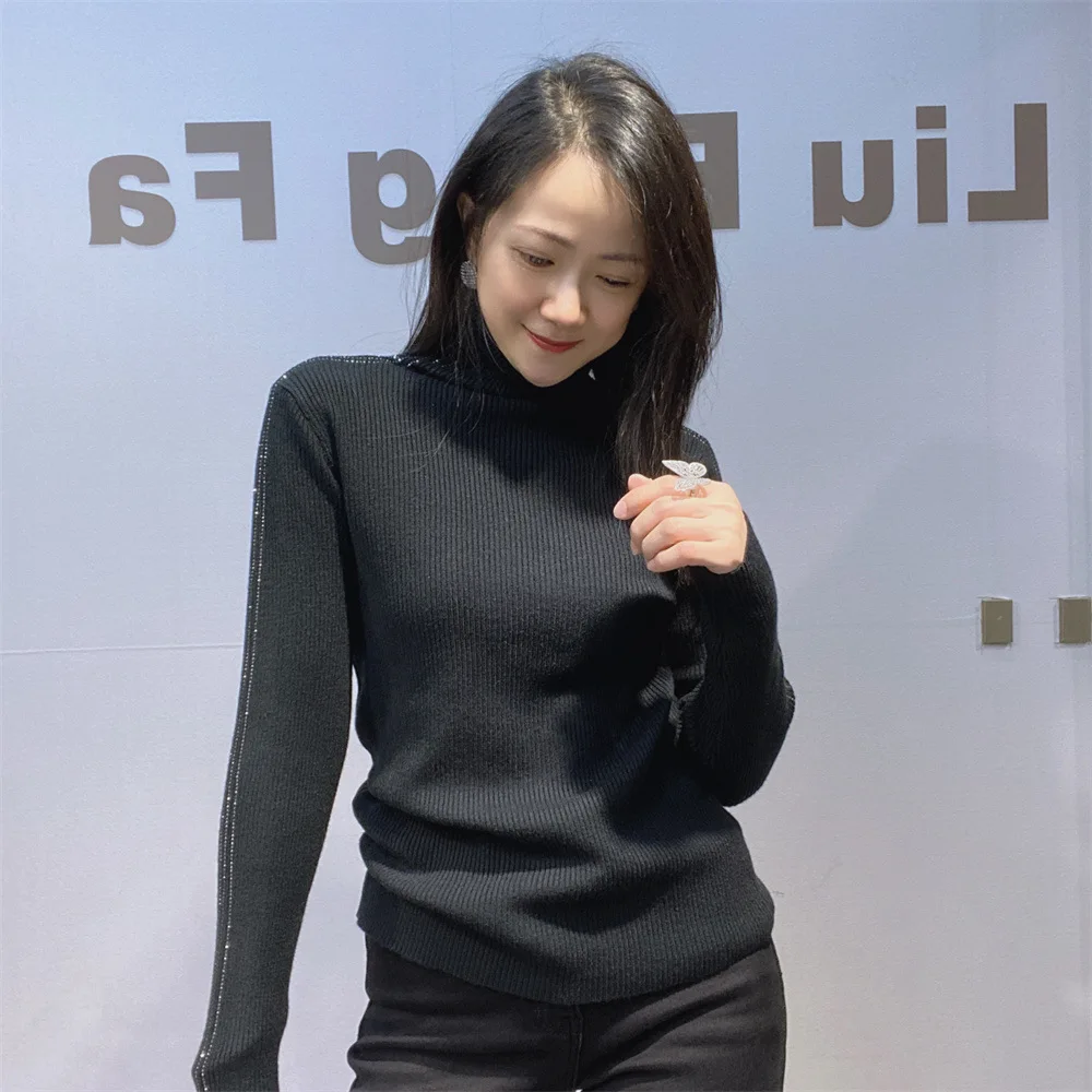 الملابس النسائية حجر الراين لينة عالية الرقبة قاعدة قميص للنساء الخريف الشتاء تنوعا أعلى التخسيس بلون الملابس الداخلية #6