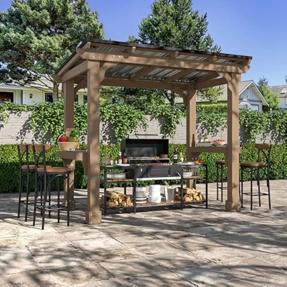 

8 x 5 FT Outdoor Wooden Grill Gazebo with Sloping Metal roof, Heavy Duty BBQ Gazebo, Cedar Frame Pavilion with 2 Side Storage S
