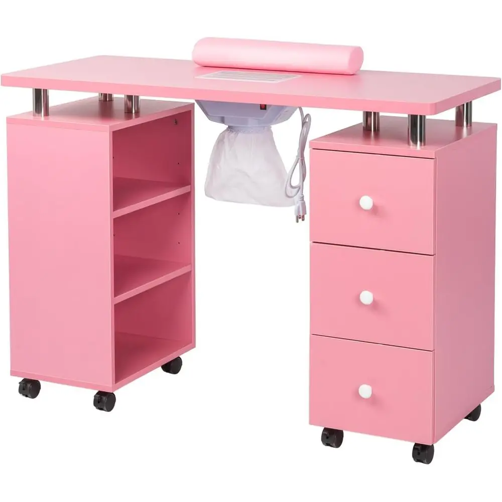 Portable Nail Technician Station with Electric Vent, Lockable Wheels, Wrist Support, and Storage