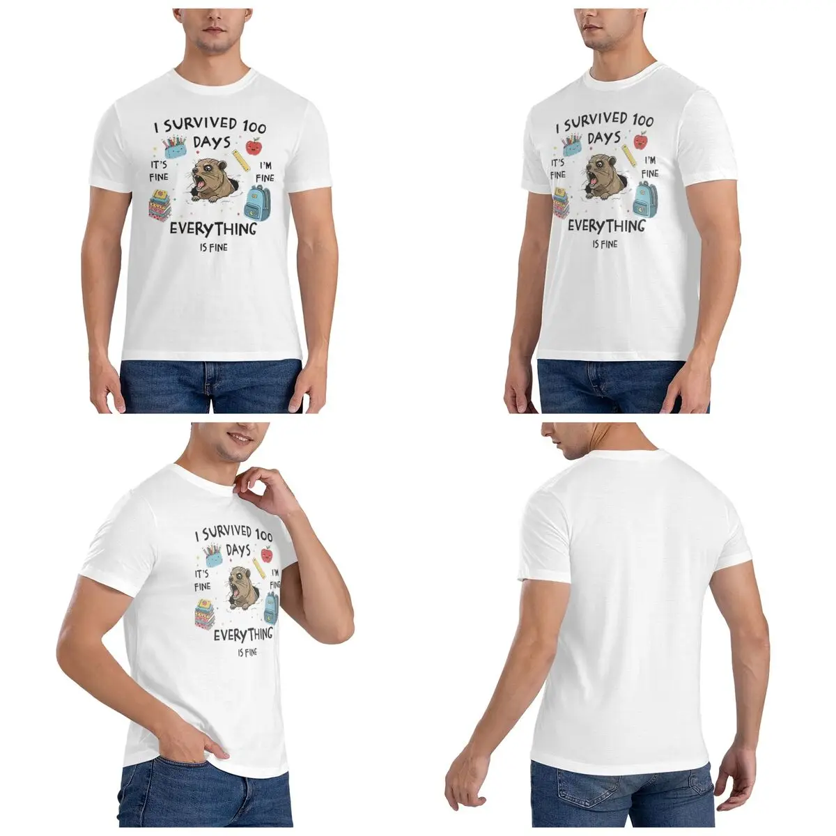 I Survived 100 Days Of School It's Fine I'm Fine Rock Hyrax Awawa Men T-Shirt Plus Size T Shirts Men's Round Neck Cotton Tees