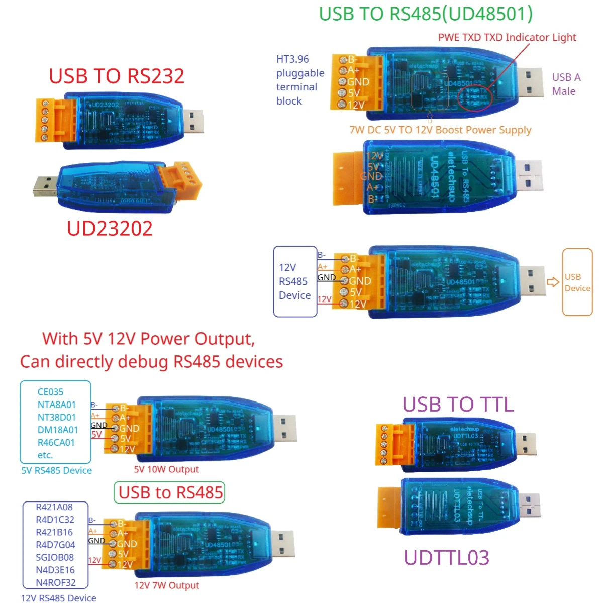 2 IN 1 5V/12V Output USB to RS485/RS232/TTL Converter WIN11 MAC LINUX MAX485 MAX232 for Arduino ESP32 ESP8266