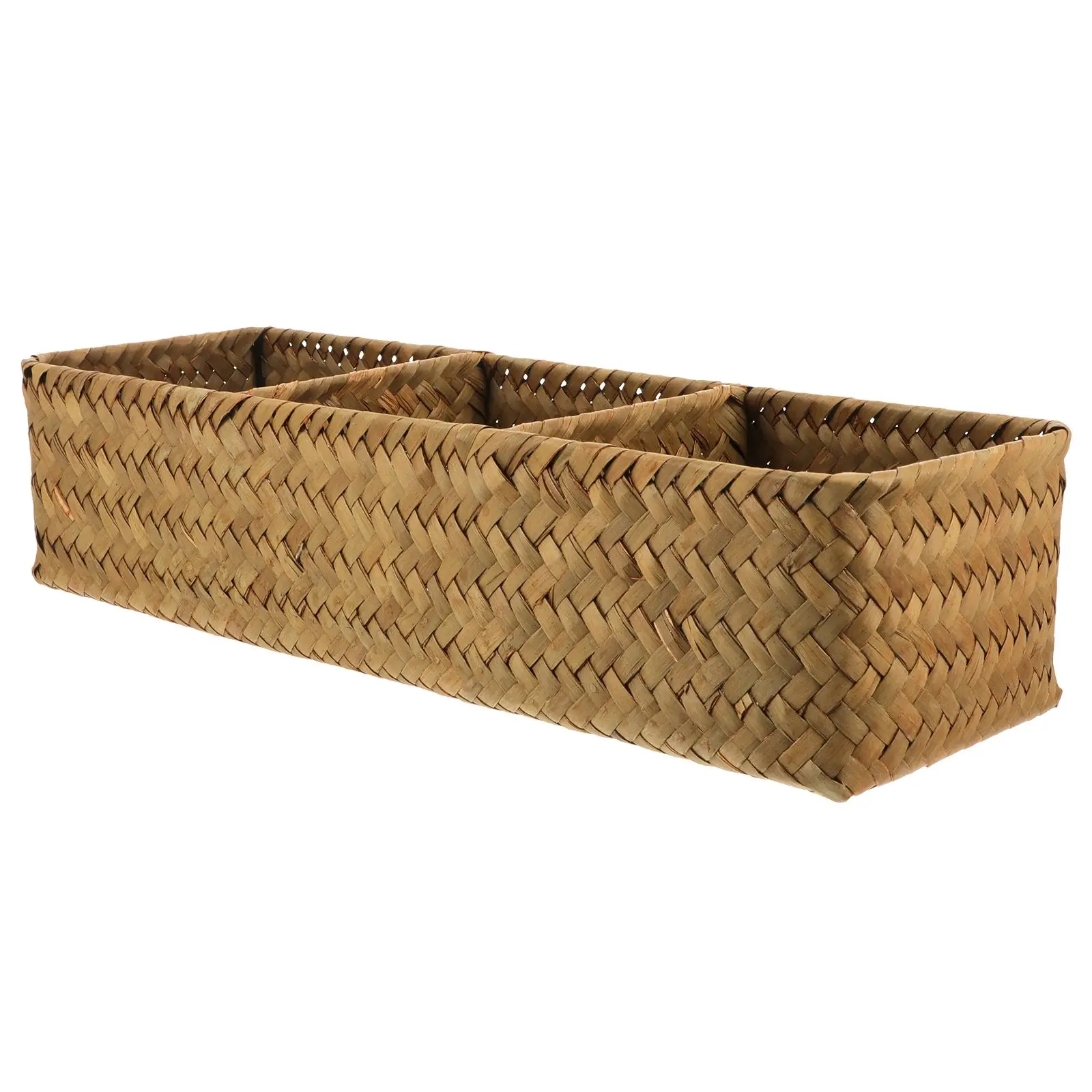 

Woven Desk Organizer Storage Box 3 Compartments Compact Lightweight Straw Baskets Home Office Tidy Clean Multi Purpose