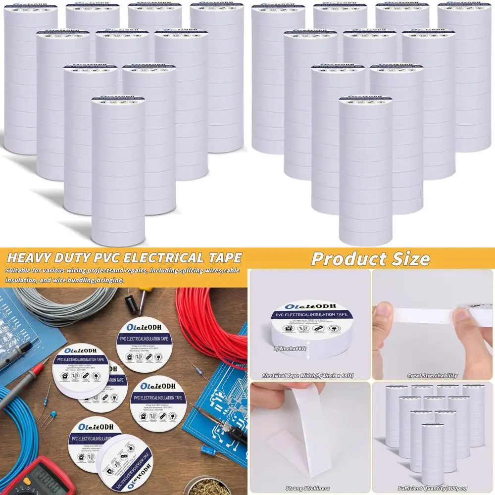 

100 Rolls 3/4in x 66ft White Electrical Tape - Waterproof Vinyl for Insulation and Wire Wrapping
