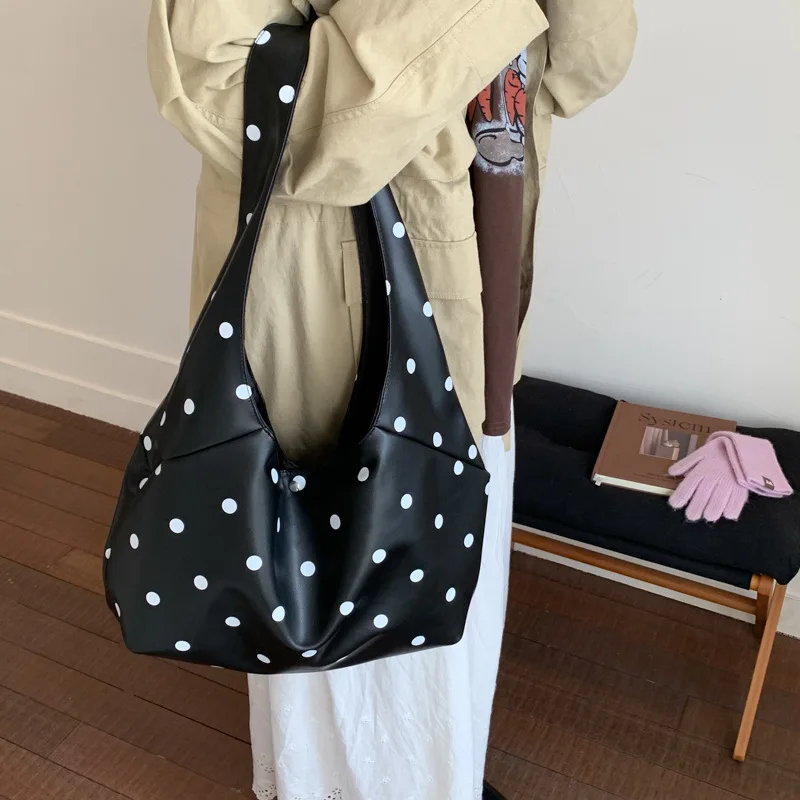 Korean Dot Style Ins High-End Vintage Niche Polka Dot Tote Bag for Schoolgirl Commuting Large Capacity Crossbody Shoulder Bag