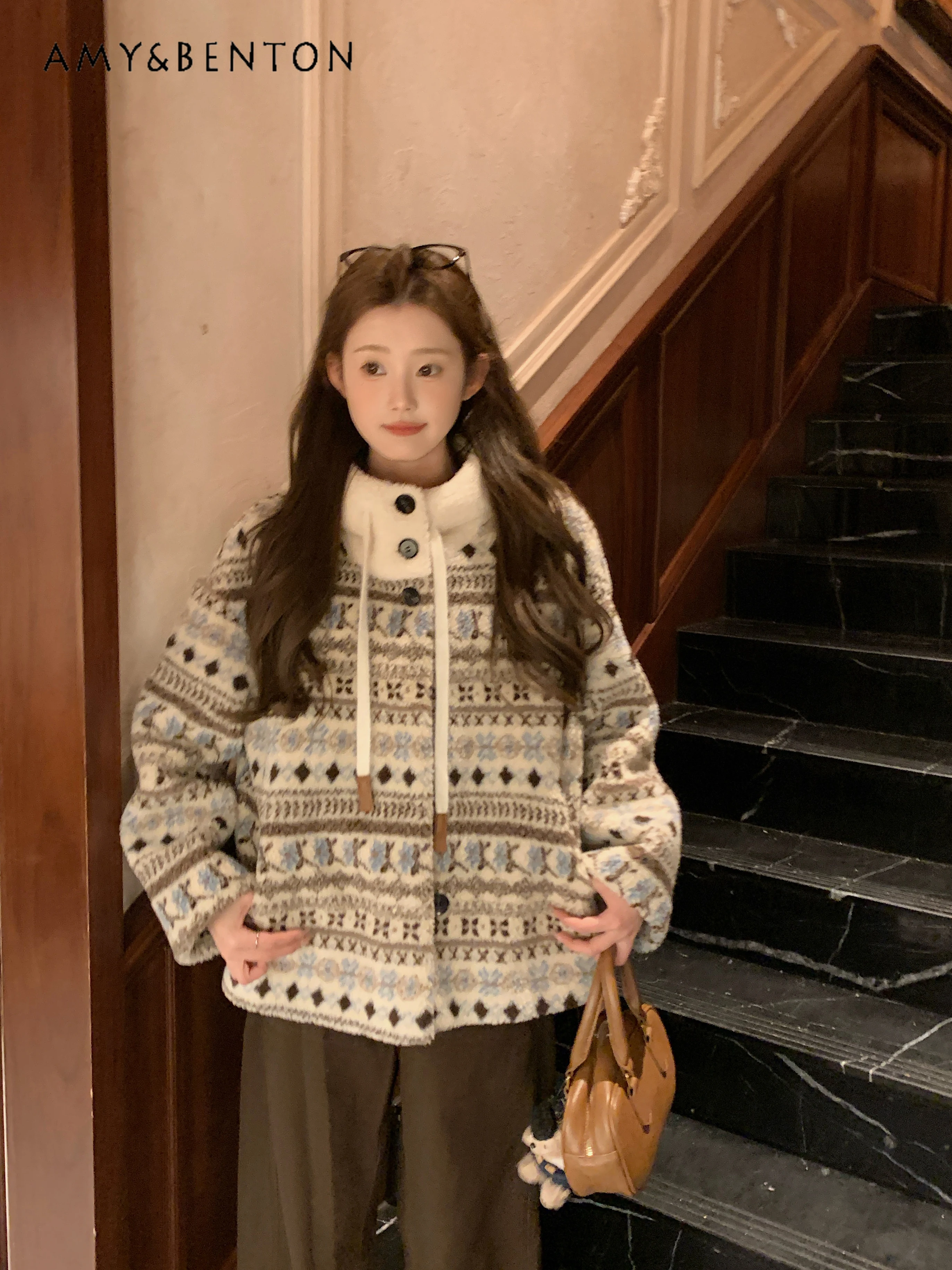 

2025 Autumn Winter New Hot Sale Women's Beige Printed Hooded Lamb Wool Coat Versatile Loose Casual Blue Fleece Coat