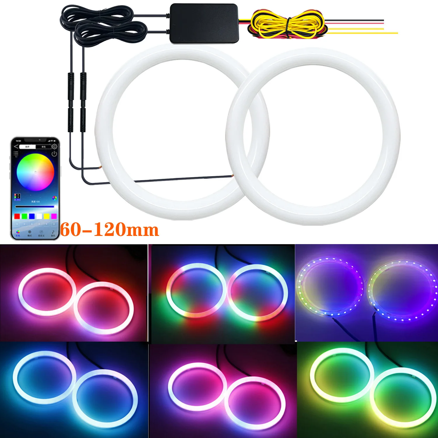 2PCS RGB Angel Eye LED Luci di marcia diurna per fari con controllo APP Multi-colore sincronizzato alla musica per veicoli 60MM-120