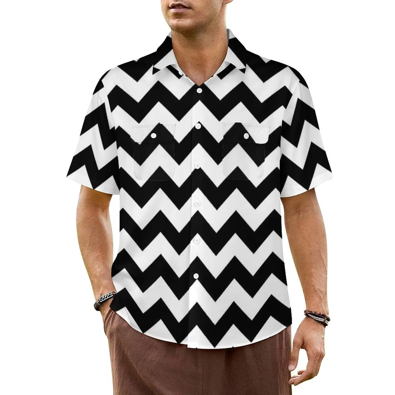 

Classic Black White Striped Casual Shirt Chevron Zigzag Trendy Summer Shirts Mens Short-Sleeve Vacation Graphic Oversize Blouses